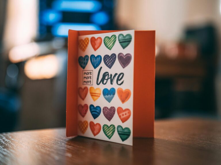 A vibrant greeting card with colorful hearts and 'love' text on a wooden table indoors.